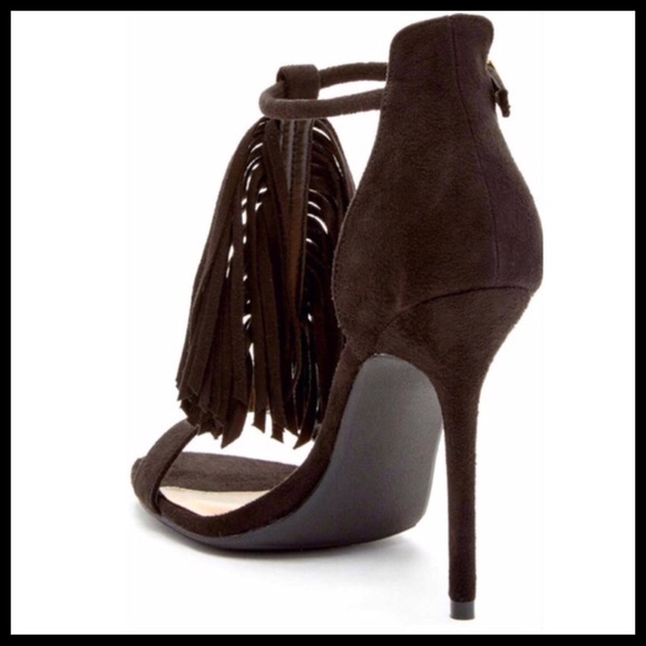 BLACK ANKLE STRAP HIGH HEELS BOHO FRINGE SANDALS - Picture 4 of 8